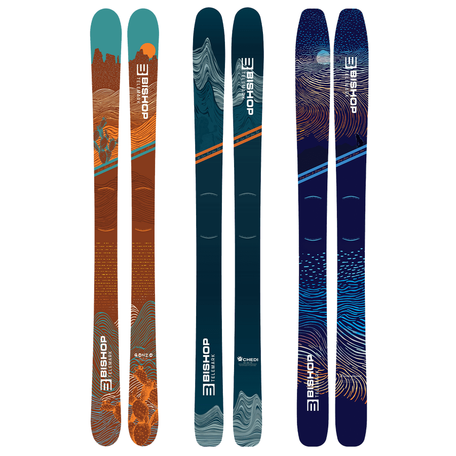 A collection of Bishop Telemark skis showcasing their unique designs and construction, incorporating Telem-Arc Technology for enhanced telemark skiing performance.